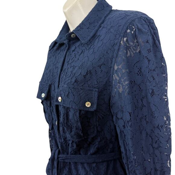 Marla Wynne Collection Navy Lace Sheer Sleeves Belted Button Up Top Blouse sz S - Picture 10 of 16